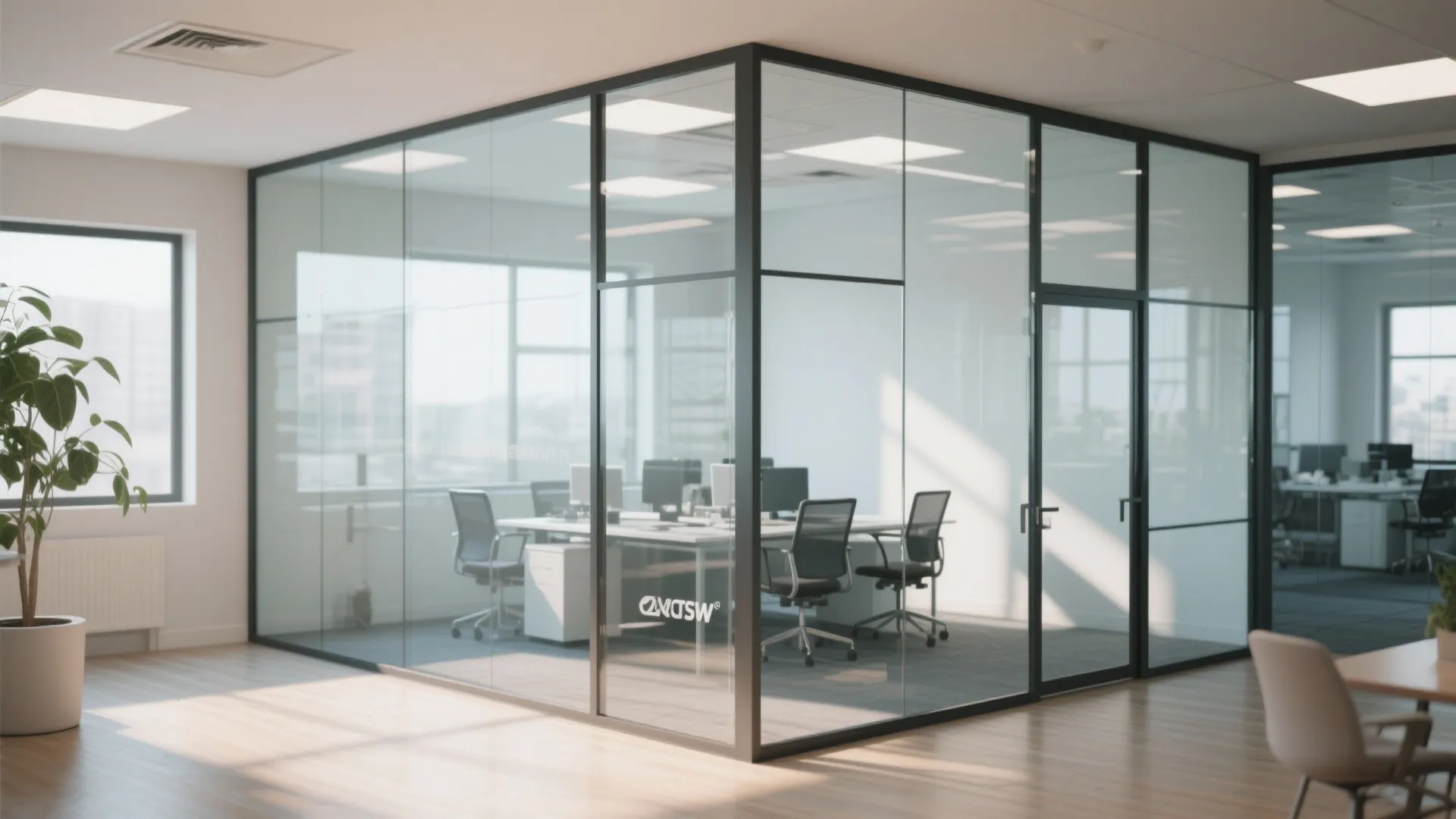 Bright corporate office space featuring glass walls black frames white desks and grey swivel chairs