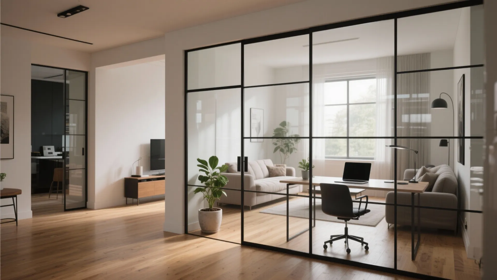 Living room separated from home office by a black framed glass wall with sliding doors
