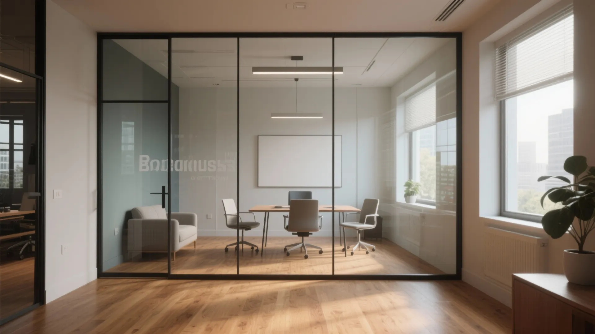 Modern office meeting room with glass walls, wooden table, grey chairs, sofa, and natural light