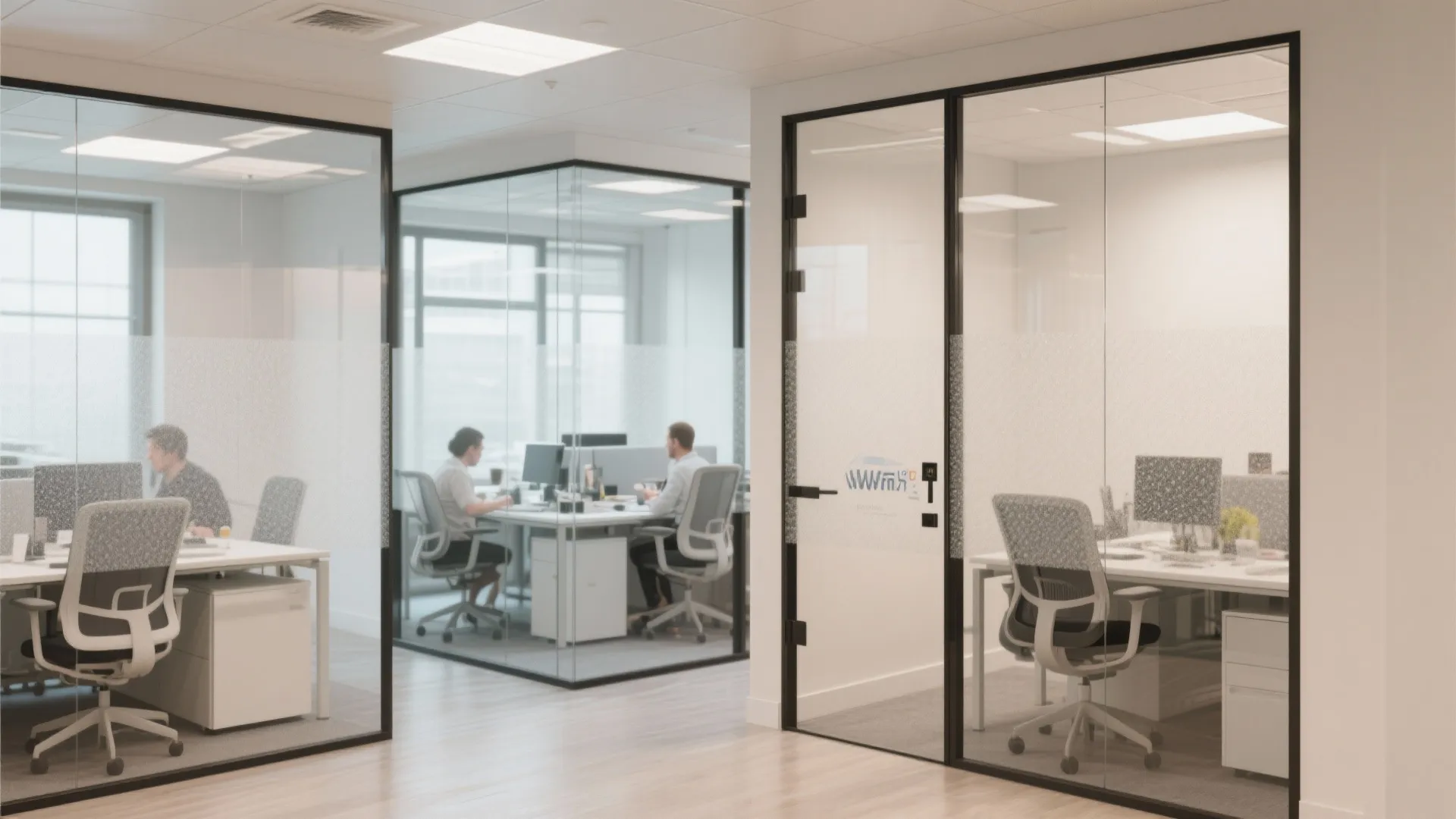 Modern office room with glass walls showing people working at white desks with grey chairs