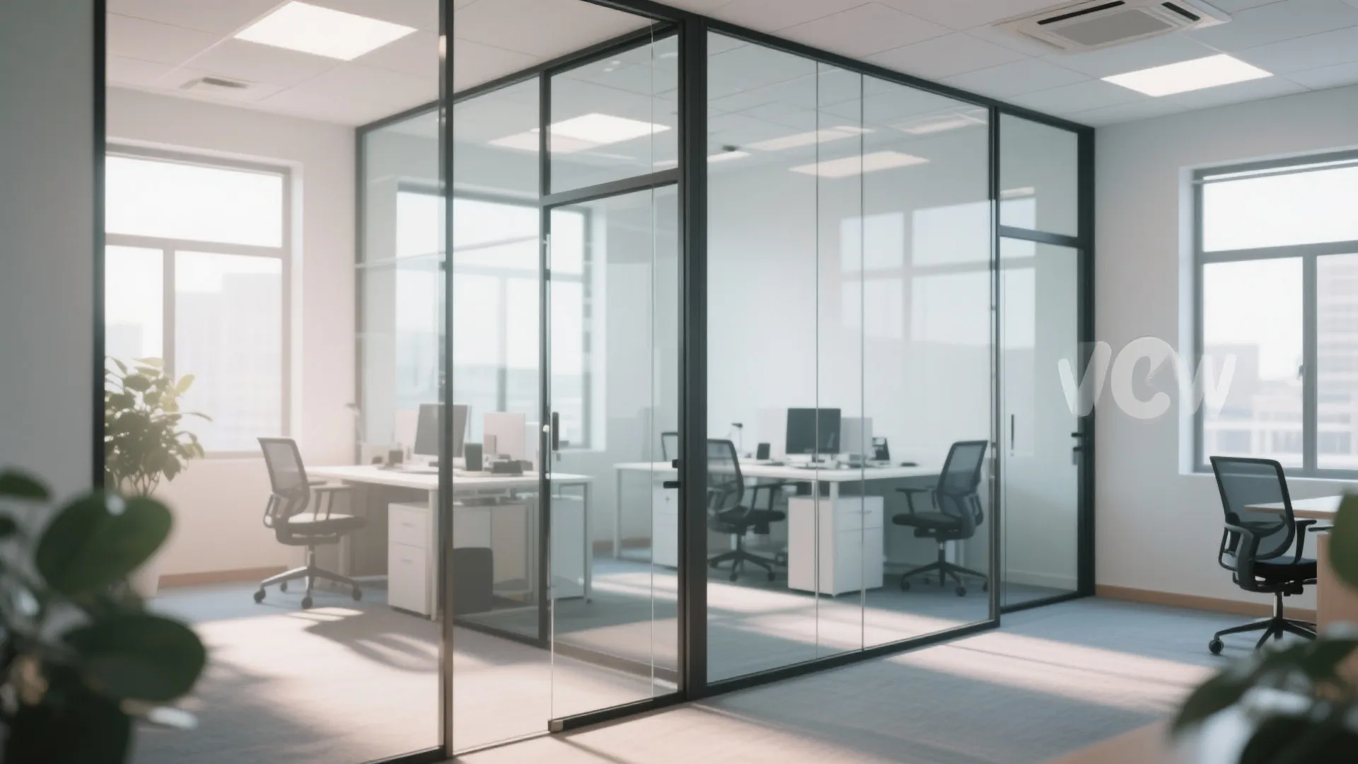 Modern office interior with glass wall dividers black chairs white desks and large bright windows setup