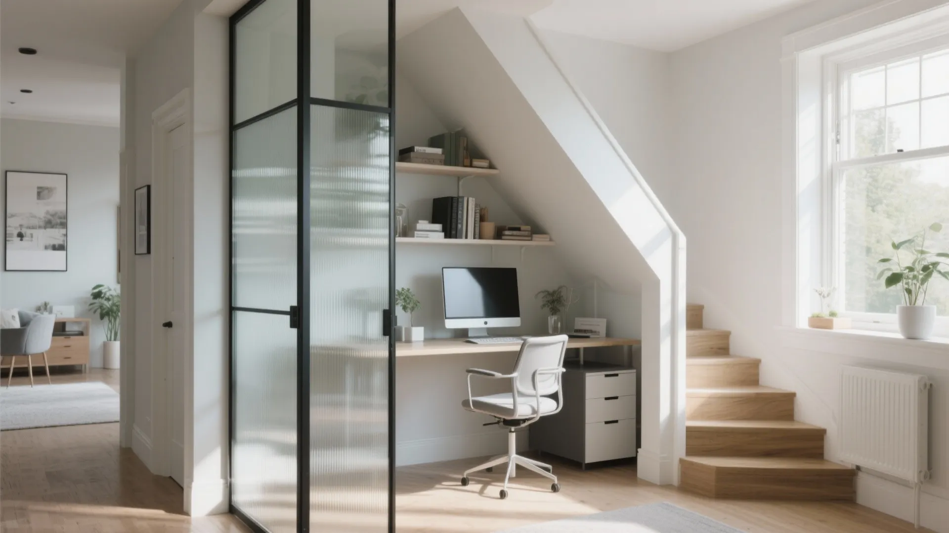 Modern home office under stairs with glass partition, wooden desk, white chair, computer, and bookshelf