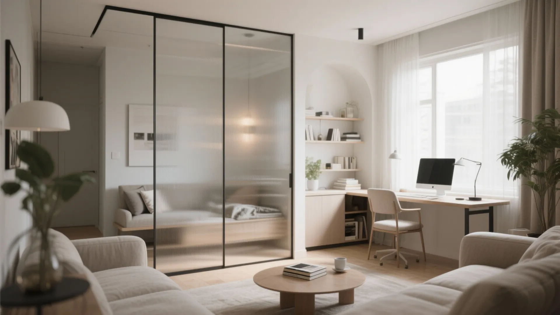 Bright studio apartment with glass room divider white sofa wooden desk computer and natural light