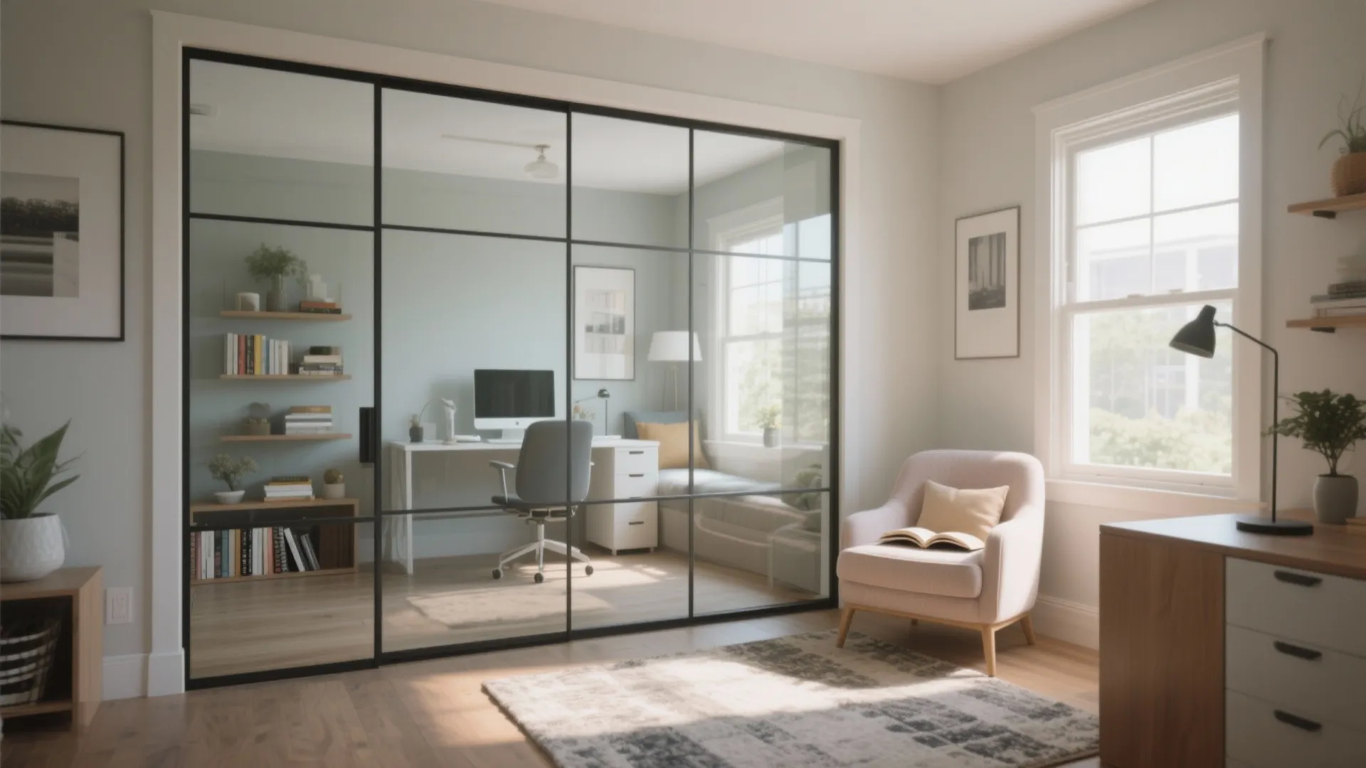 Modern home office area separated by a black glass wall with desk chair and armchair