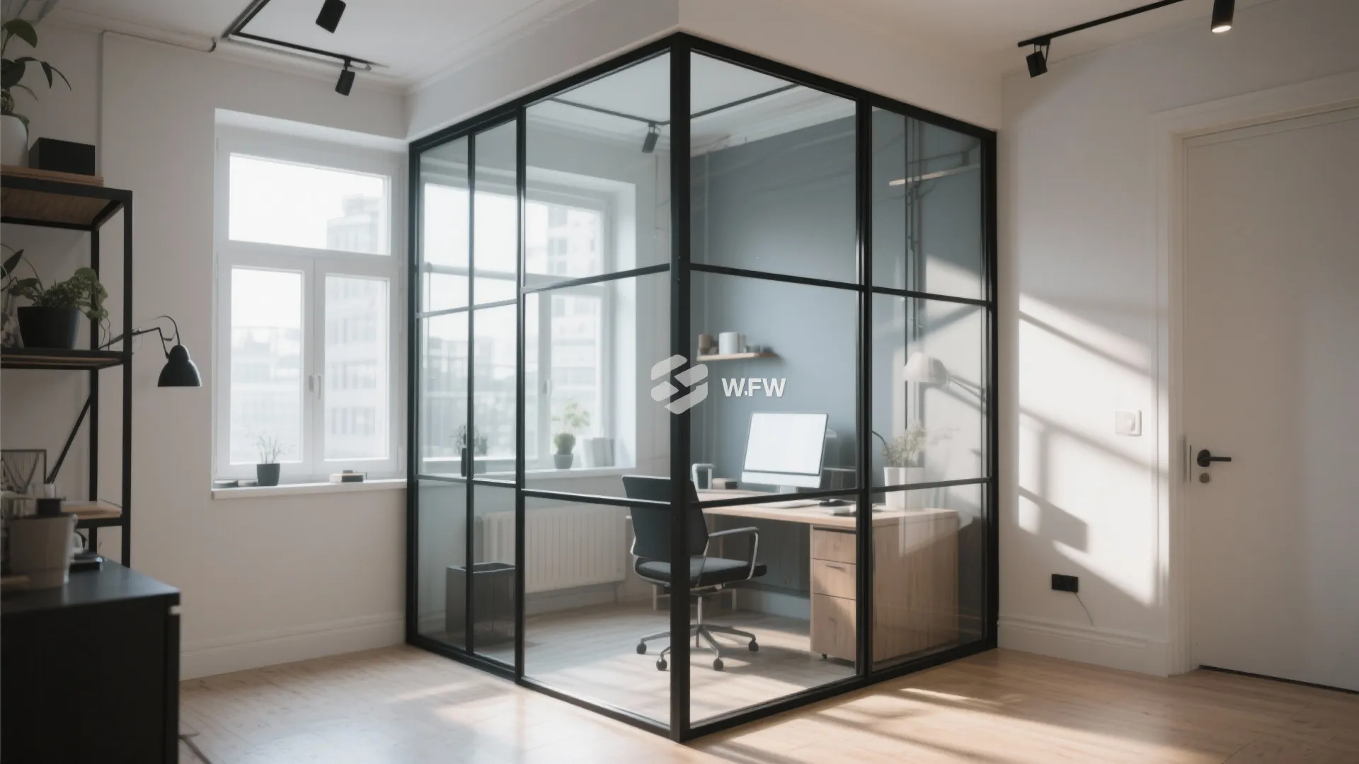 Modern workspace enclosed by black glass walls with wooden desk, black chair, computer, and window