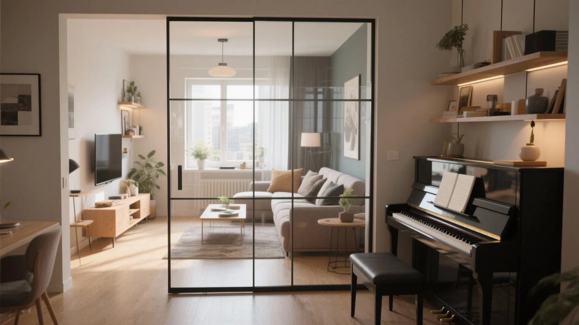 Modern living room with glass door partition showing a black piano and grey sofa set