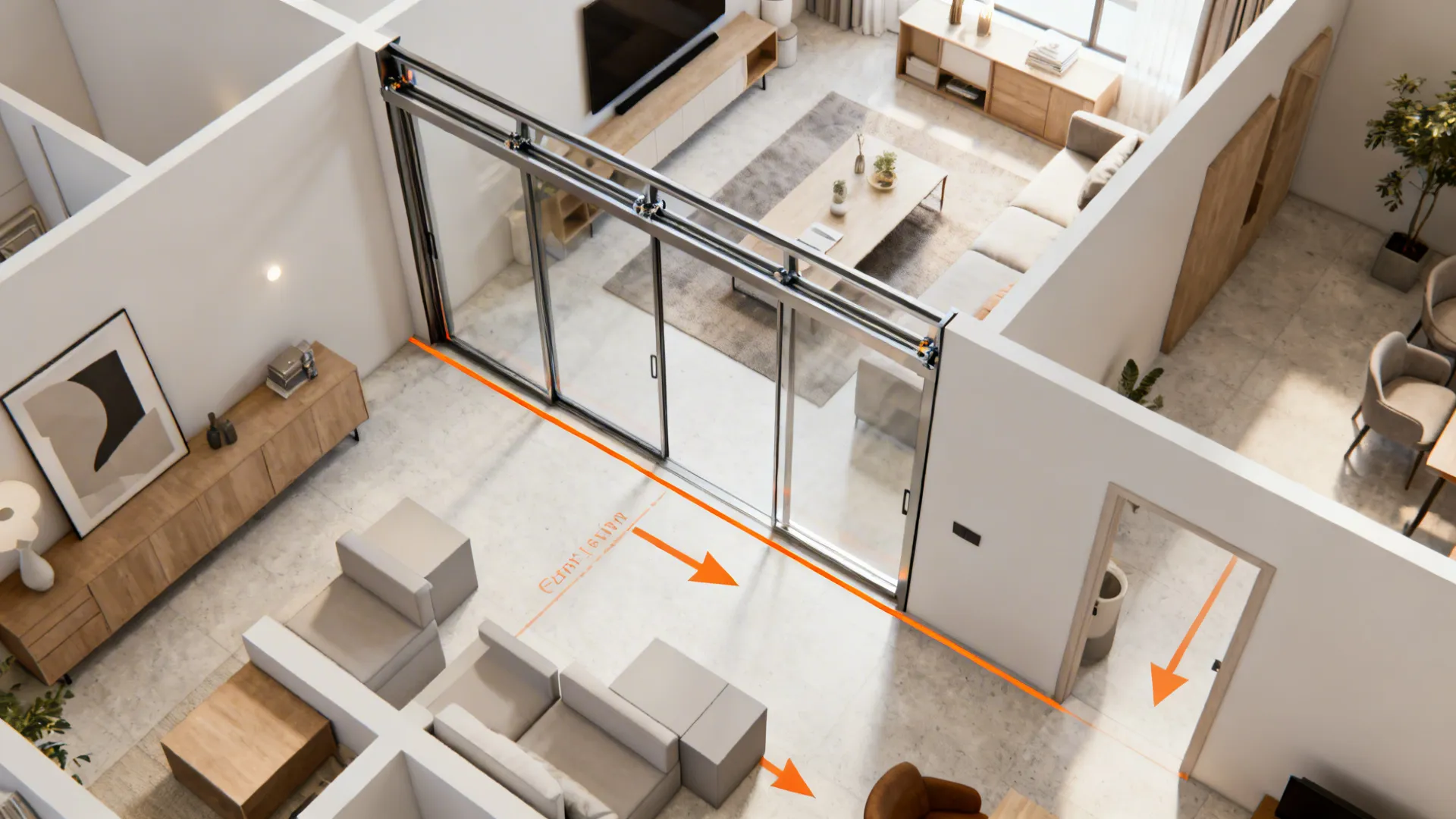 Top-down layout showing glass sliding partition and clear circulation between zones.