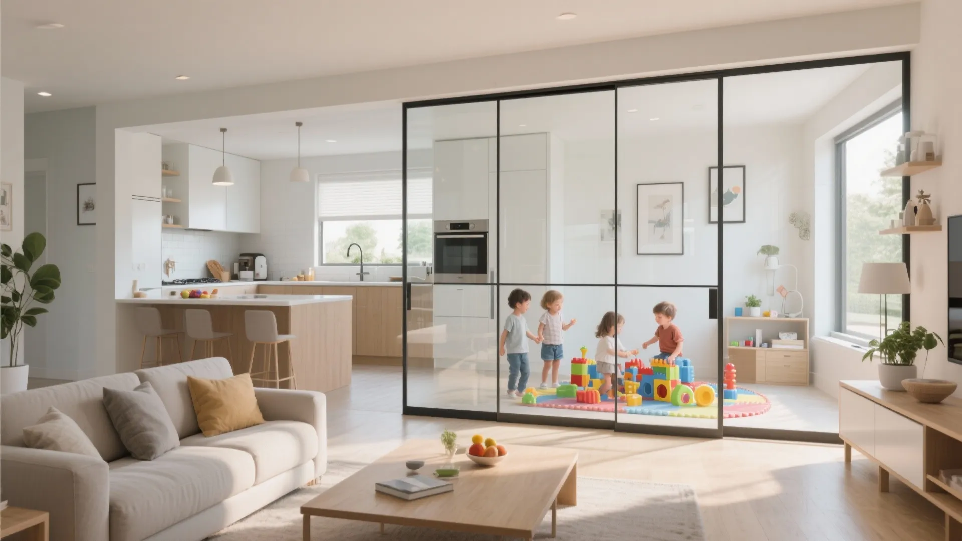 Living room play area separated by glass panels for visibility