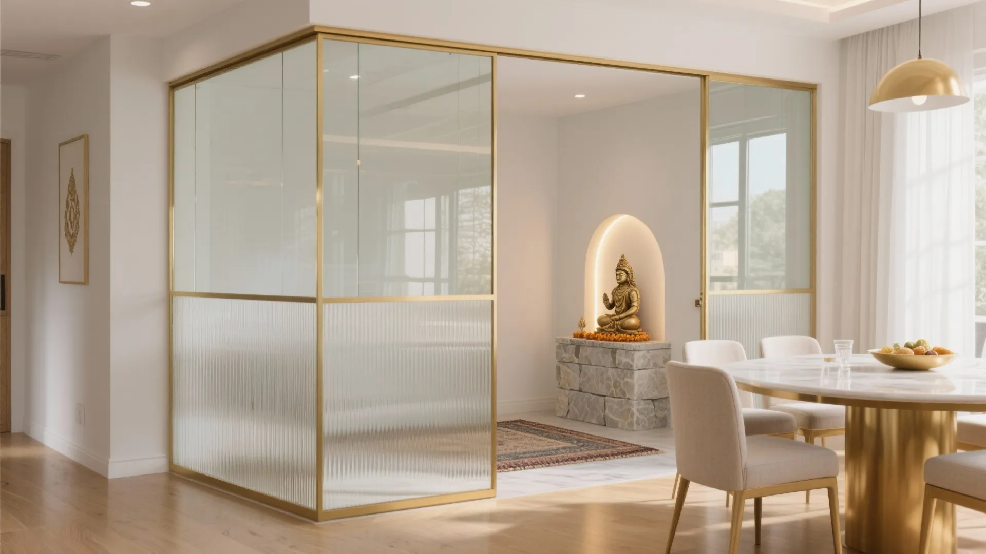 Dining room with marble table white chairs and glass wall partition showing a gold buddha statue