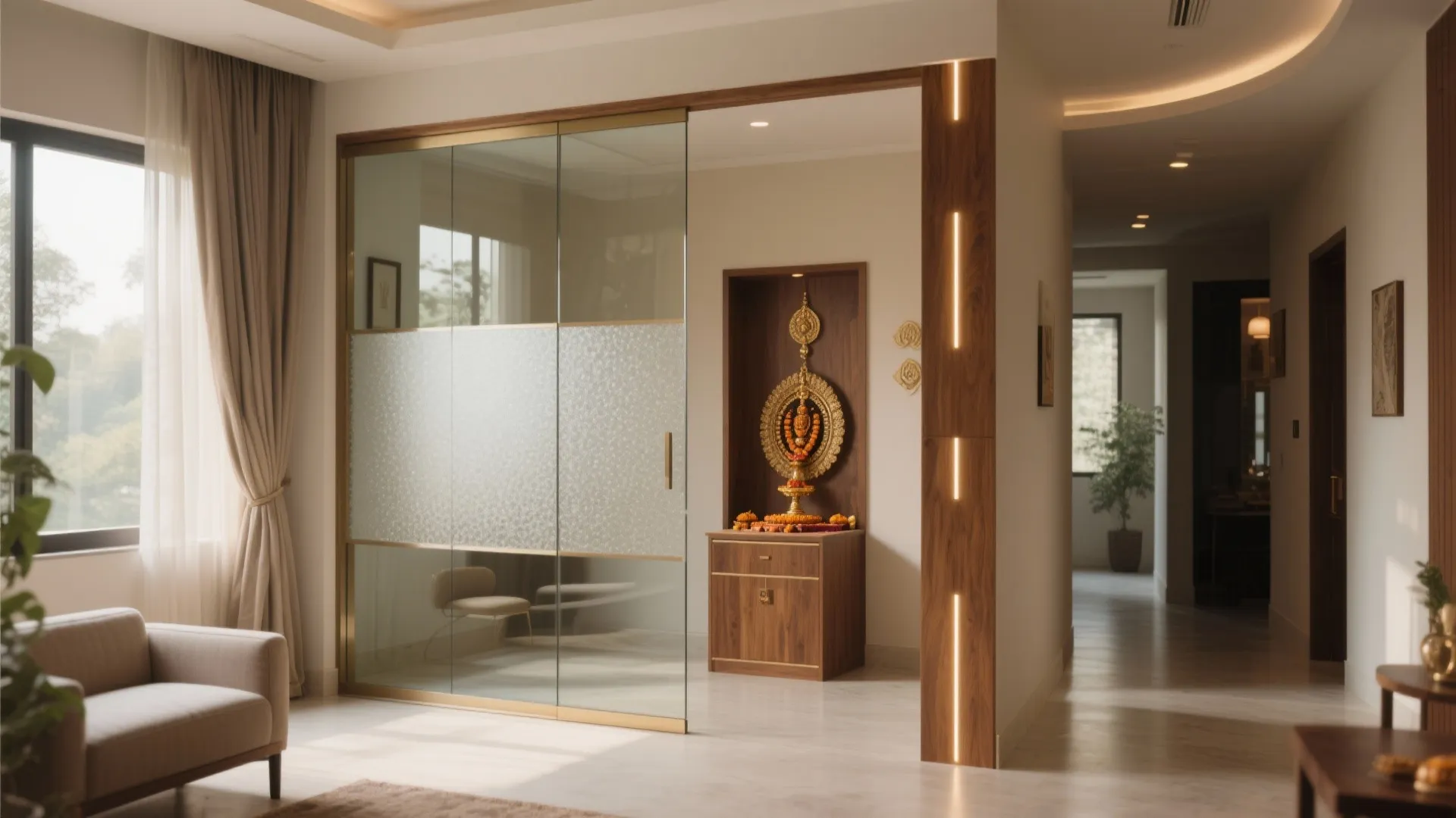 3) Glass-partition pooja corner with acoustic control