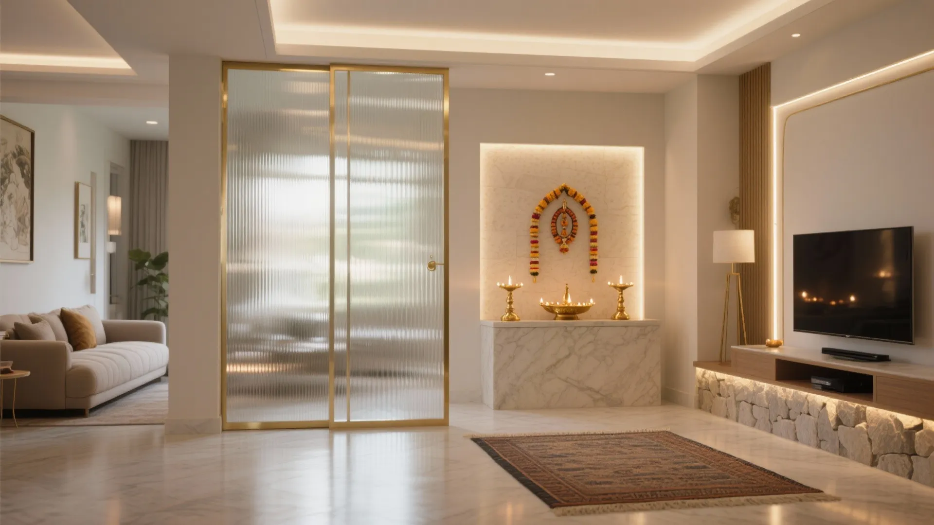 Pooja corner in hall with fluted glass partition, brass frame, and soft LED backlighting.