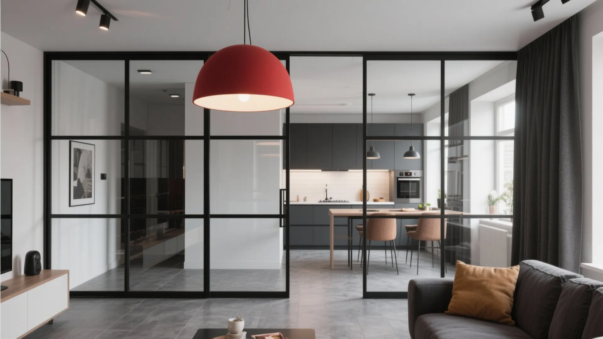 Glass wall separating living room from a kitchen with dark cabinets and red ceiling light