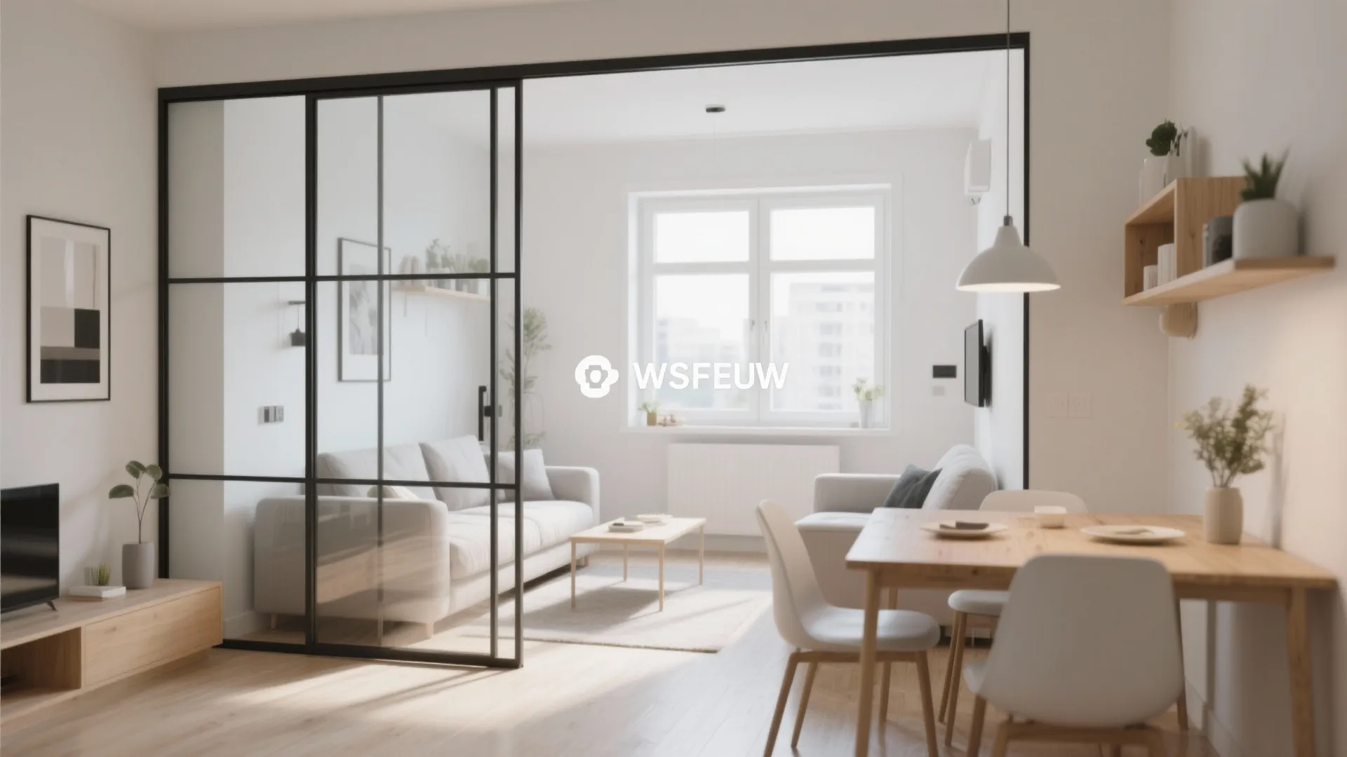 Modern living room featuring black glass partition wall with white sofa and wooden dining table