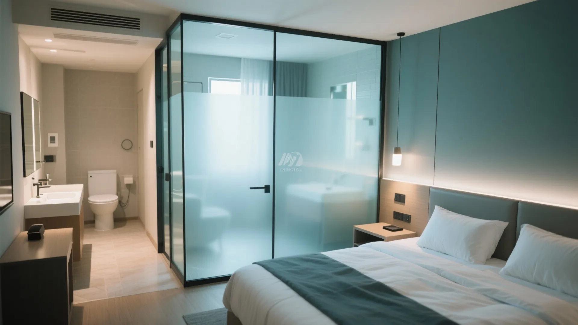 Modern bedroom with white bed and glass wall showing bathroom with toilet and white sink