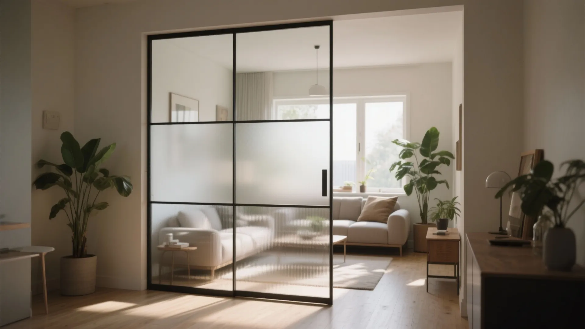 Black framed glass sliding door partition between a living room and hallway with green plants