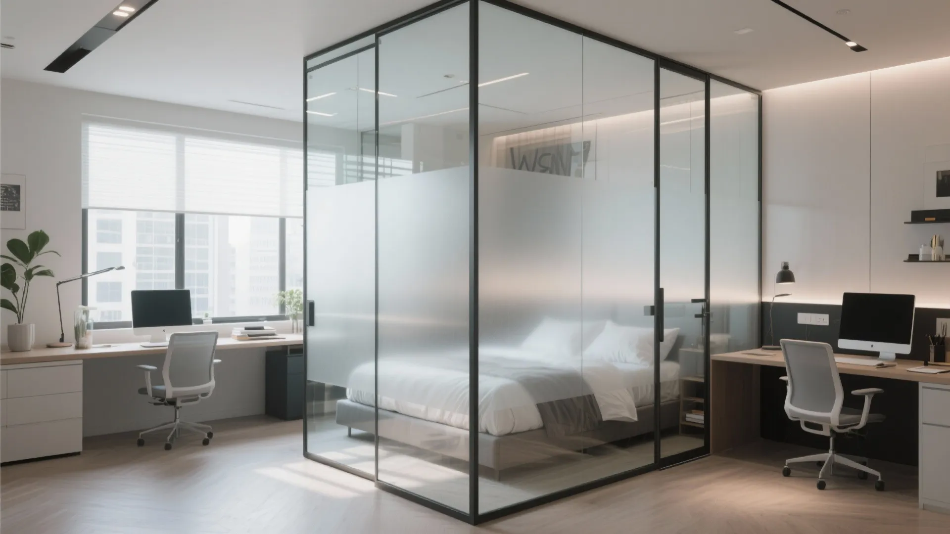 Modern office space with glass wall bedroom, two work desks, grey chairs, and city view