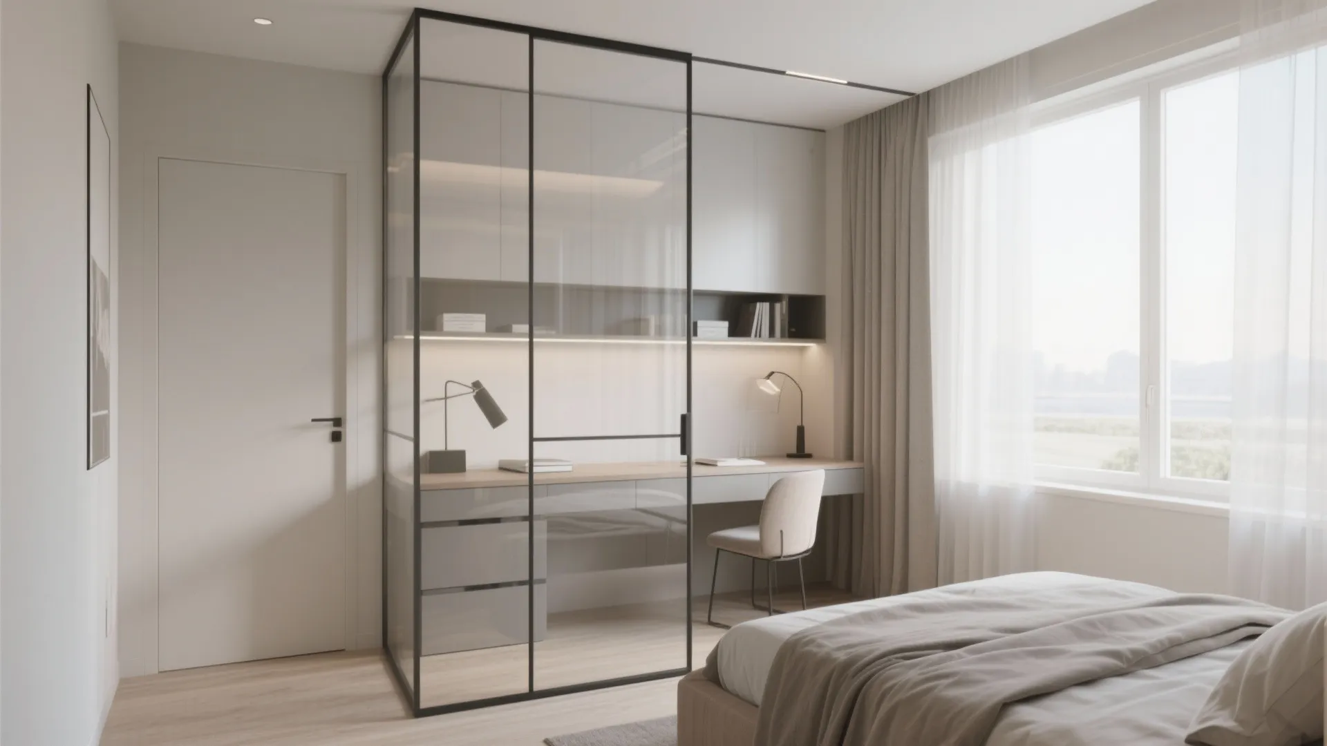 Minimalist bedroom with glass partition separating a home office area from the bed and large window