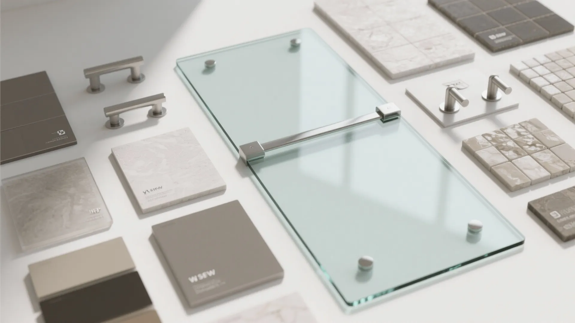 Tempered glass shower panel and tile material samples