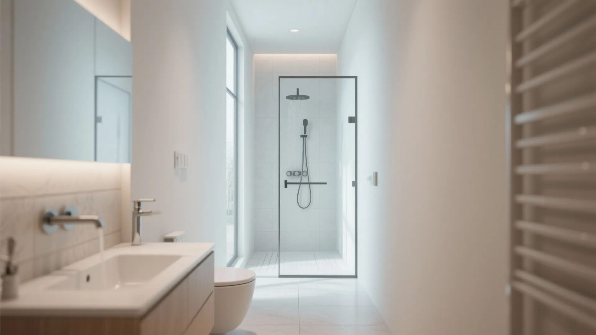 Minimalist white bathroom with a glass shower door and wall light above a wooden cabinet