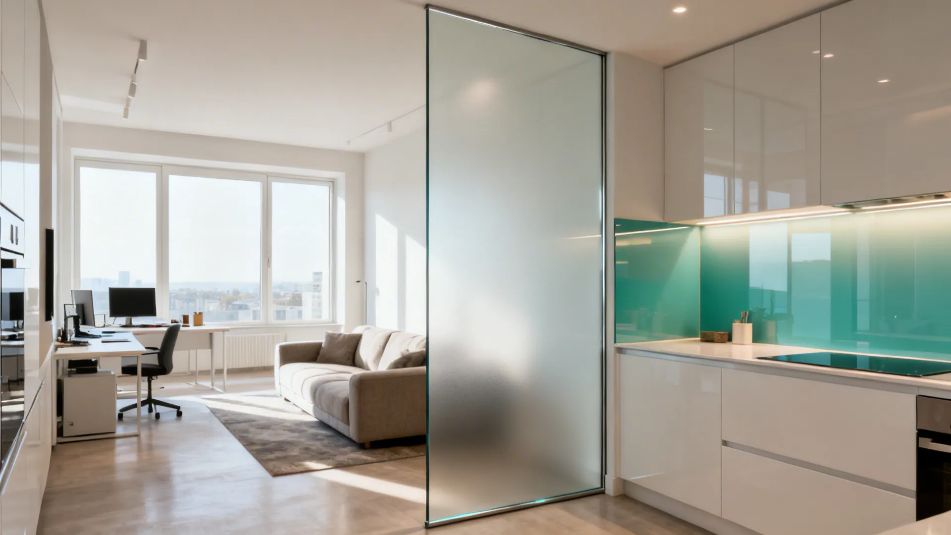 Modern kitchen with white cabinets and blue backsplash separated from living room by glass partition