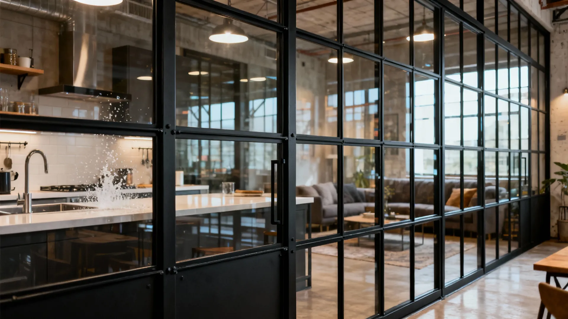 Black steel framed glass partition separating kitchen and living room with industrial look.