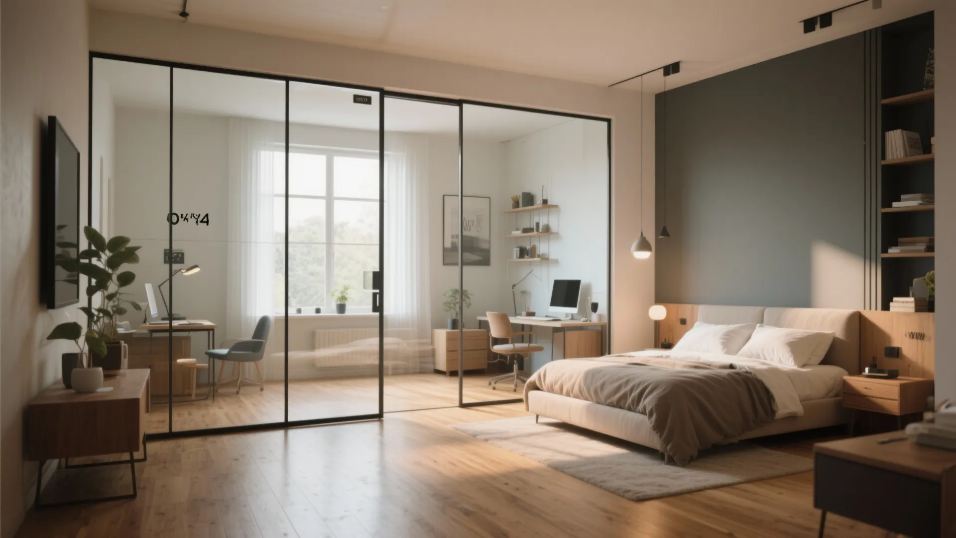 Studio apartment with glass partition separating a cozy bedroom from a bright home office space