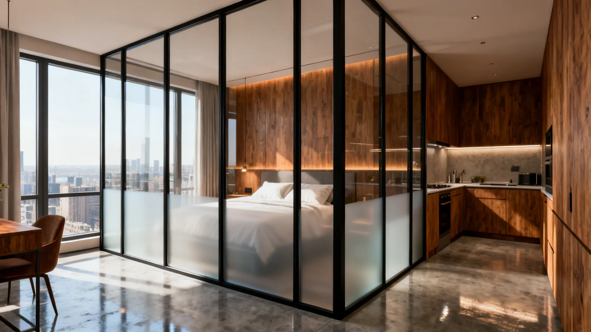 Black-framed glass partition separating bedroom and kitchen while preserving light