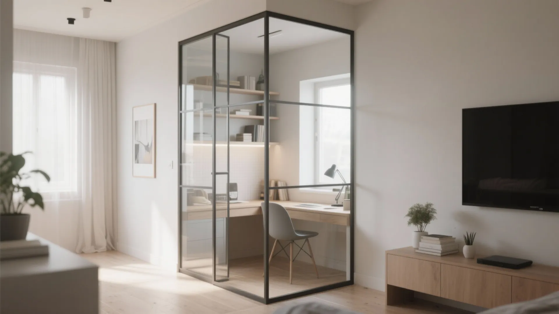 Modern home office with glass wall partition wooden desk chair bookshelf and natural window light indoor