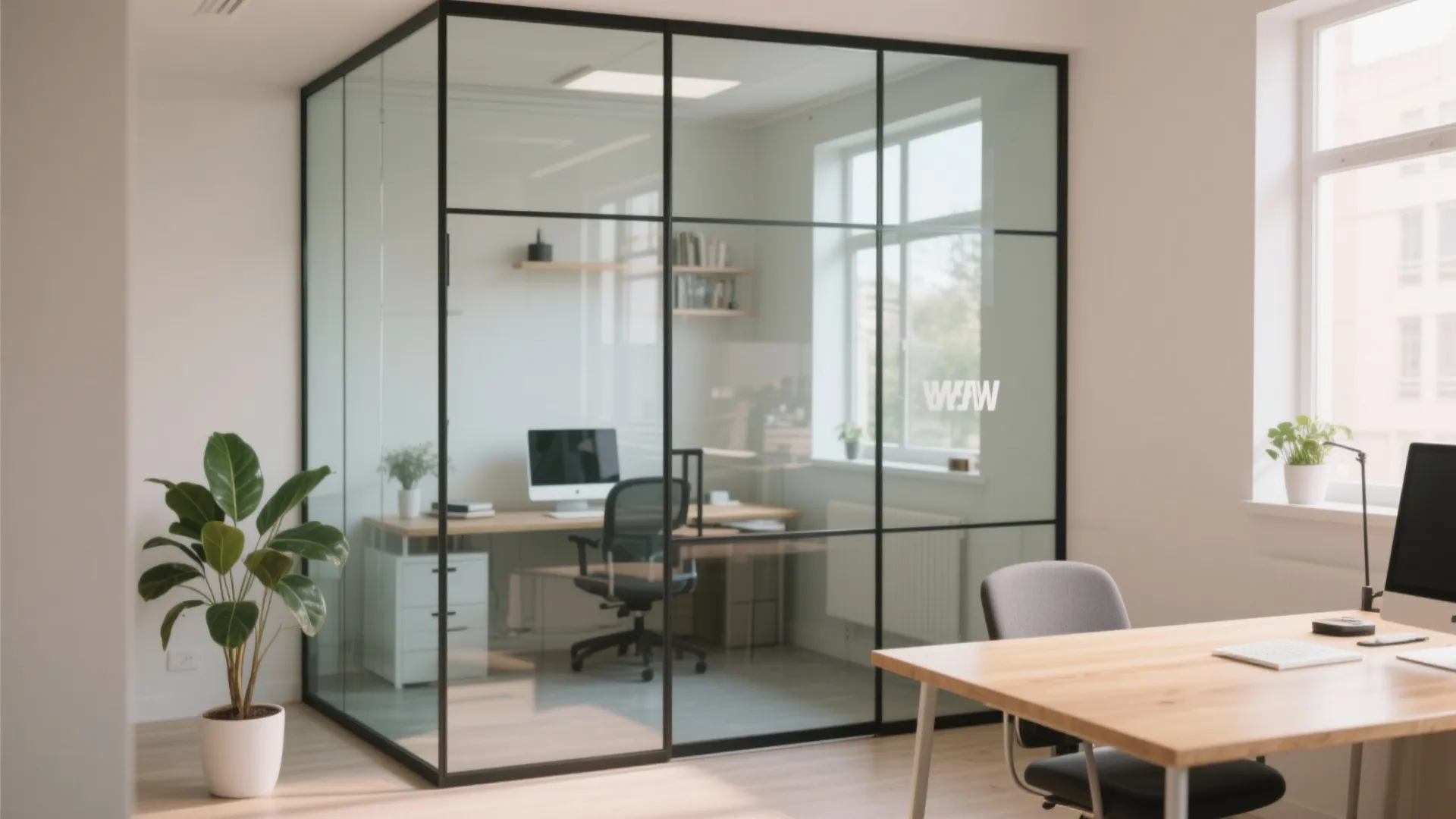 Office interior design with glass room divider showing computer desk chair and green potted plant