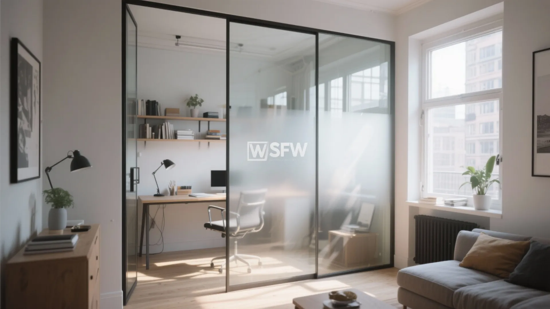 Living room separated from home office by black framed glass sliding doors with frosted panels.