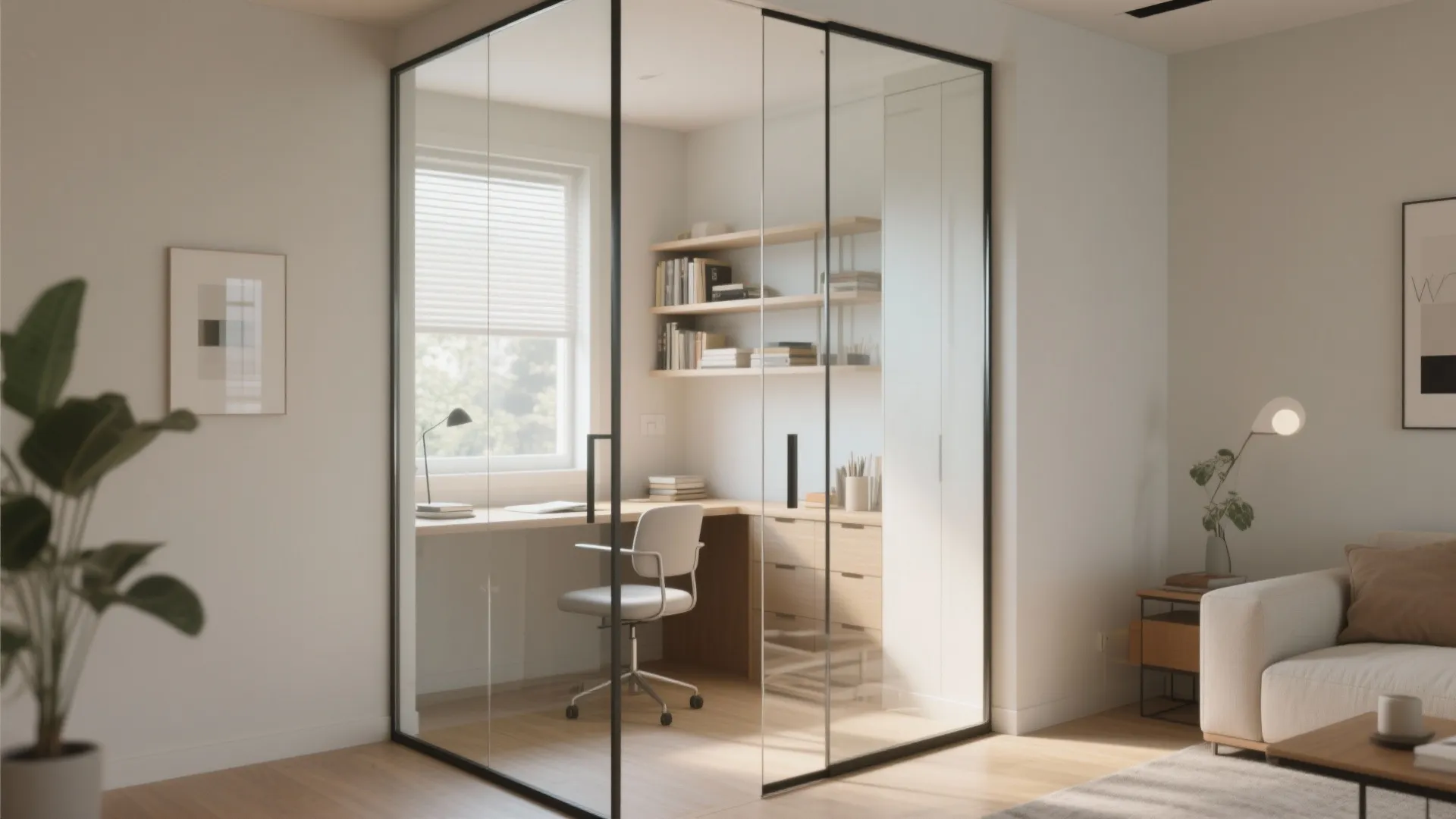 Small home office enclosed by glass walls featuring a wooden desk grey chair and shelves