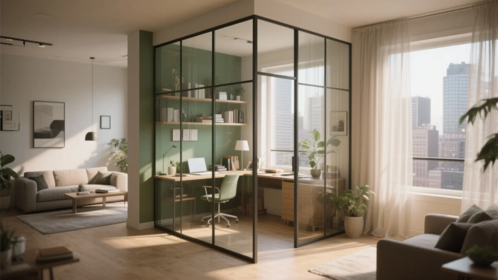 Modern home office with glass walls green accent wall wooden desk and large city window