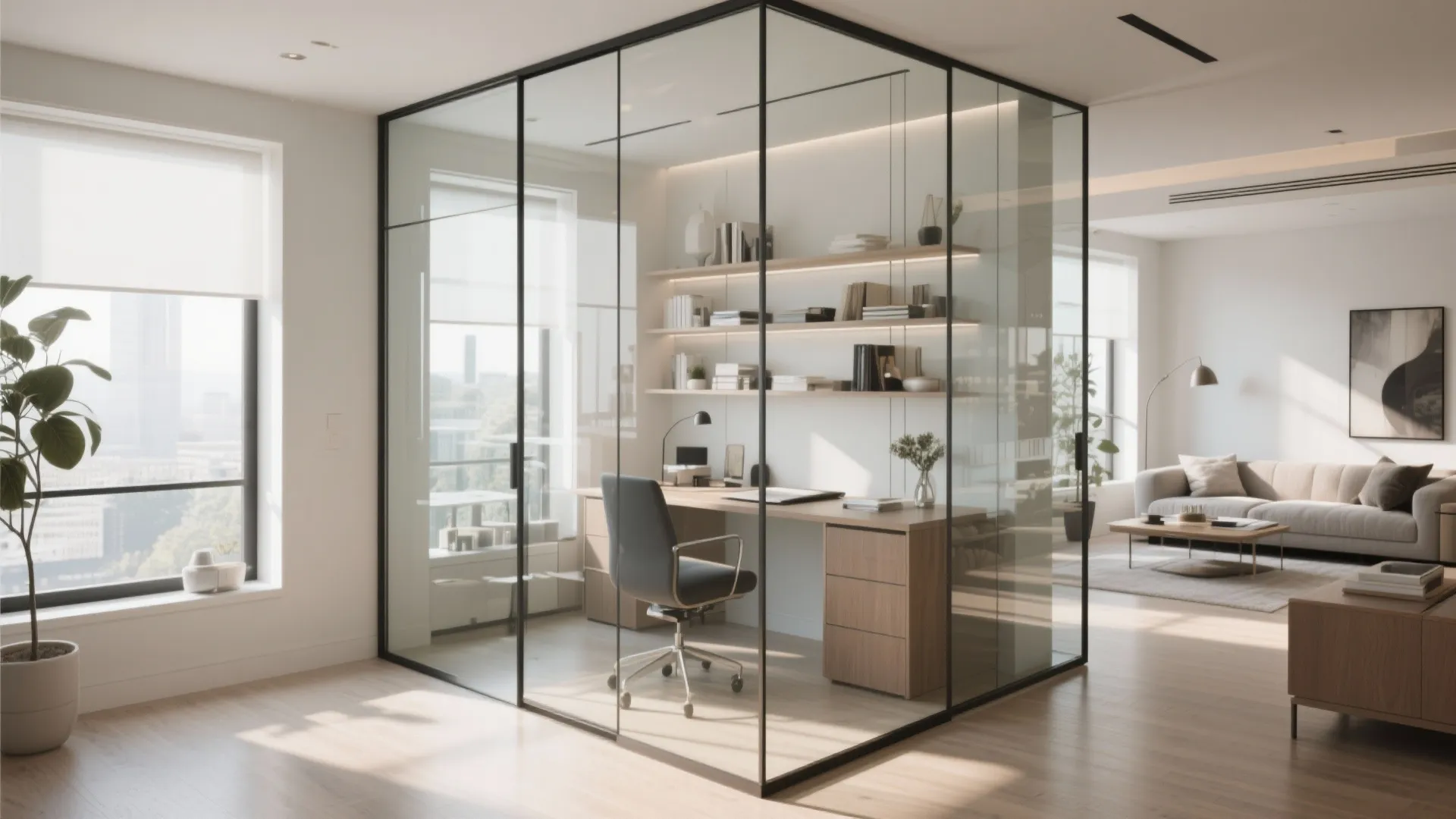Modern home office space enclosed by black glass walls with wooden desk and open shelves