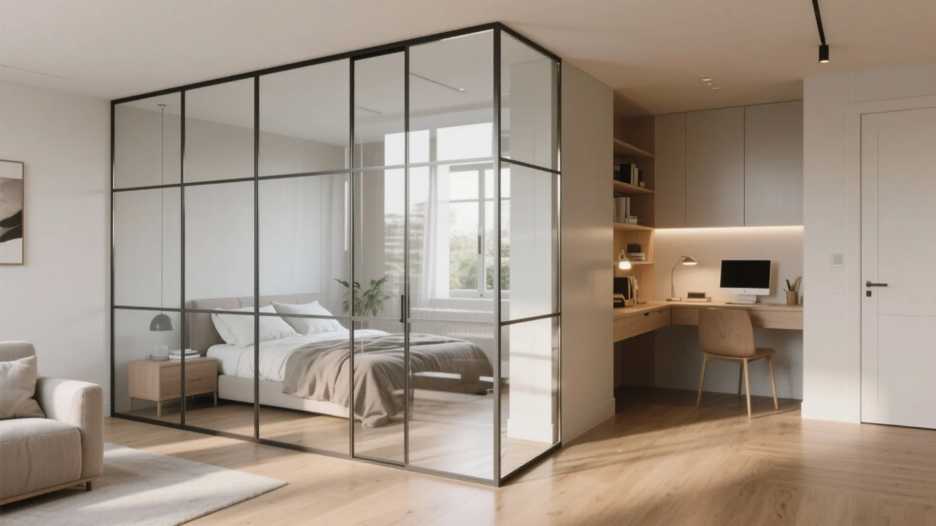 Modern room layout with a glass wall separating the bedroom area from the wooden desk
