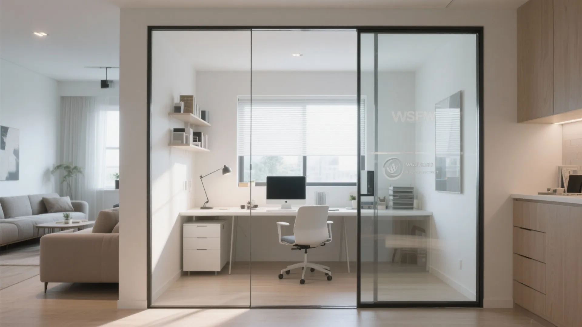 Modern home office with a white desk and chair separated by a clear glass wall