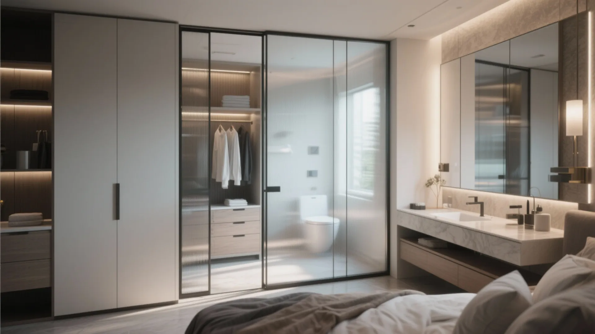 Bedroom view showing a glass sliding door separating the sleeping area from the bathroom vanity