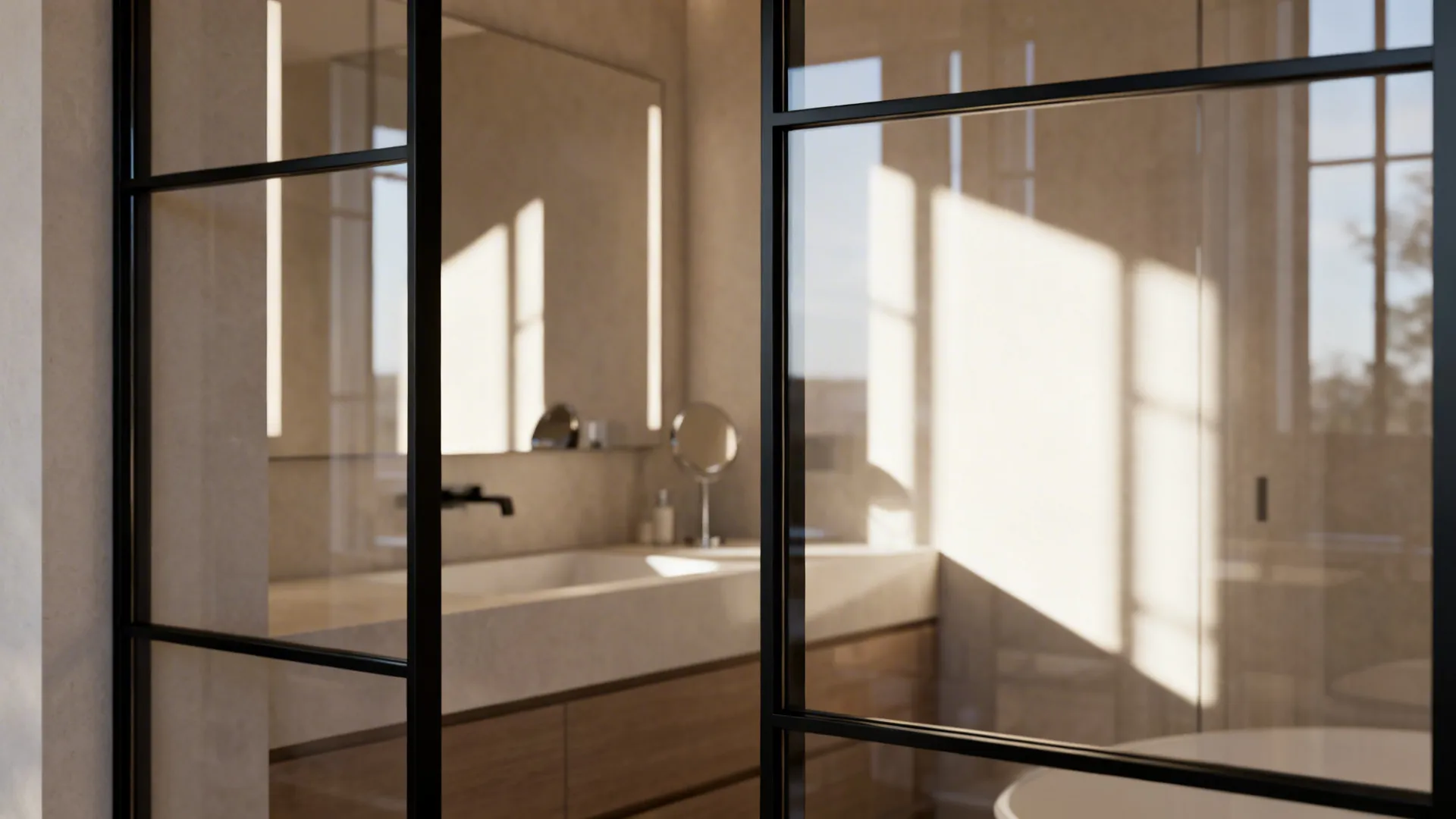 Clear glass partition with minimal black frame letting light flow across a small bathroom