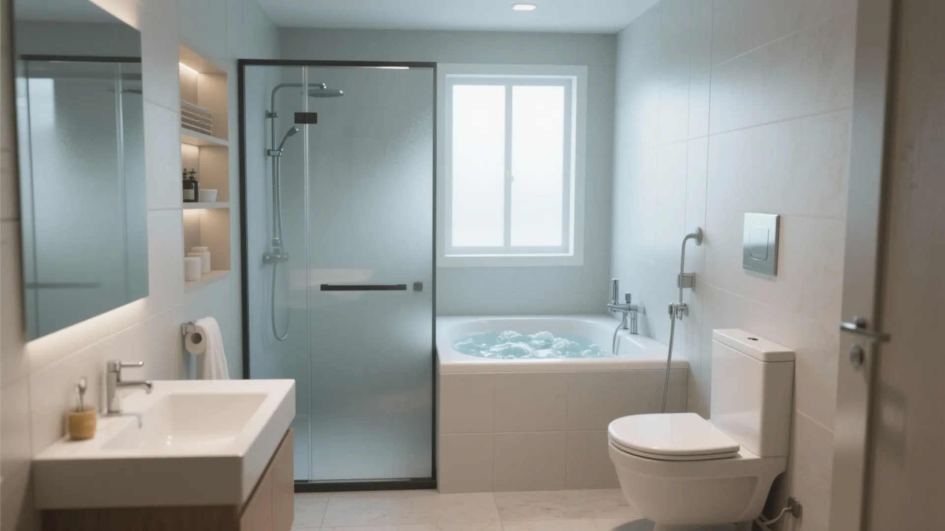 Modern bathroom with white sink toilet bathtub frosted glass shower door window and bright natural light
