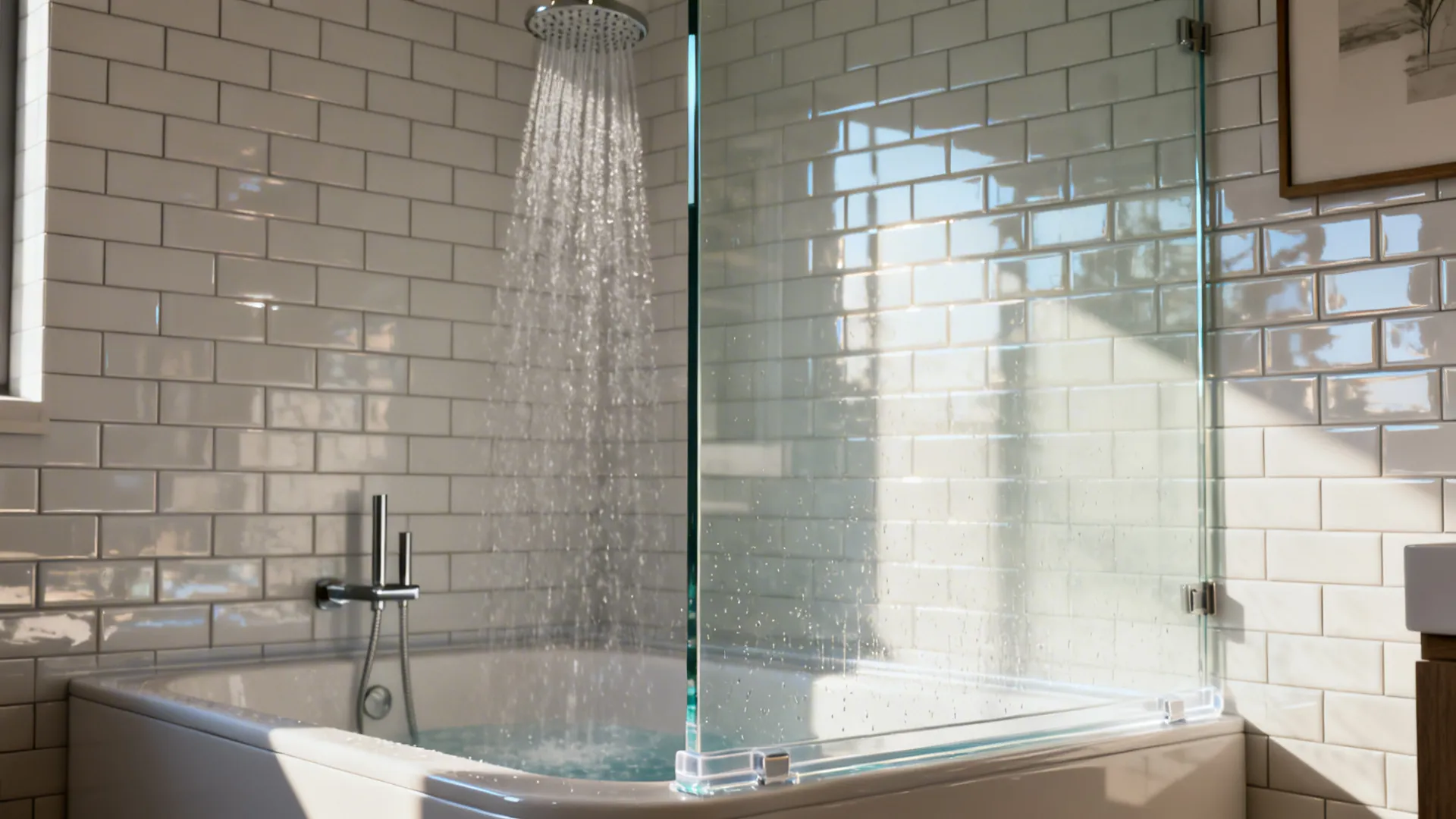 Small bathroom tub with a partial frameless glass partition and directed showerhead to prevent splashes.