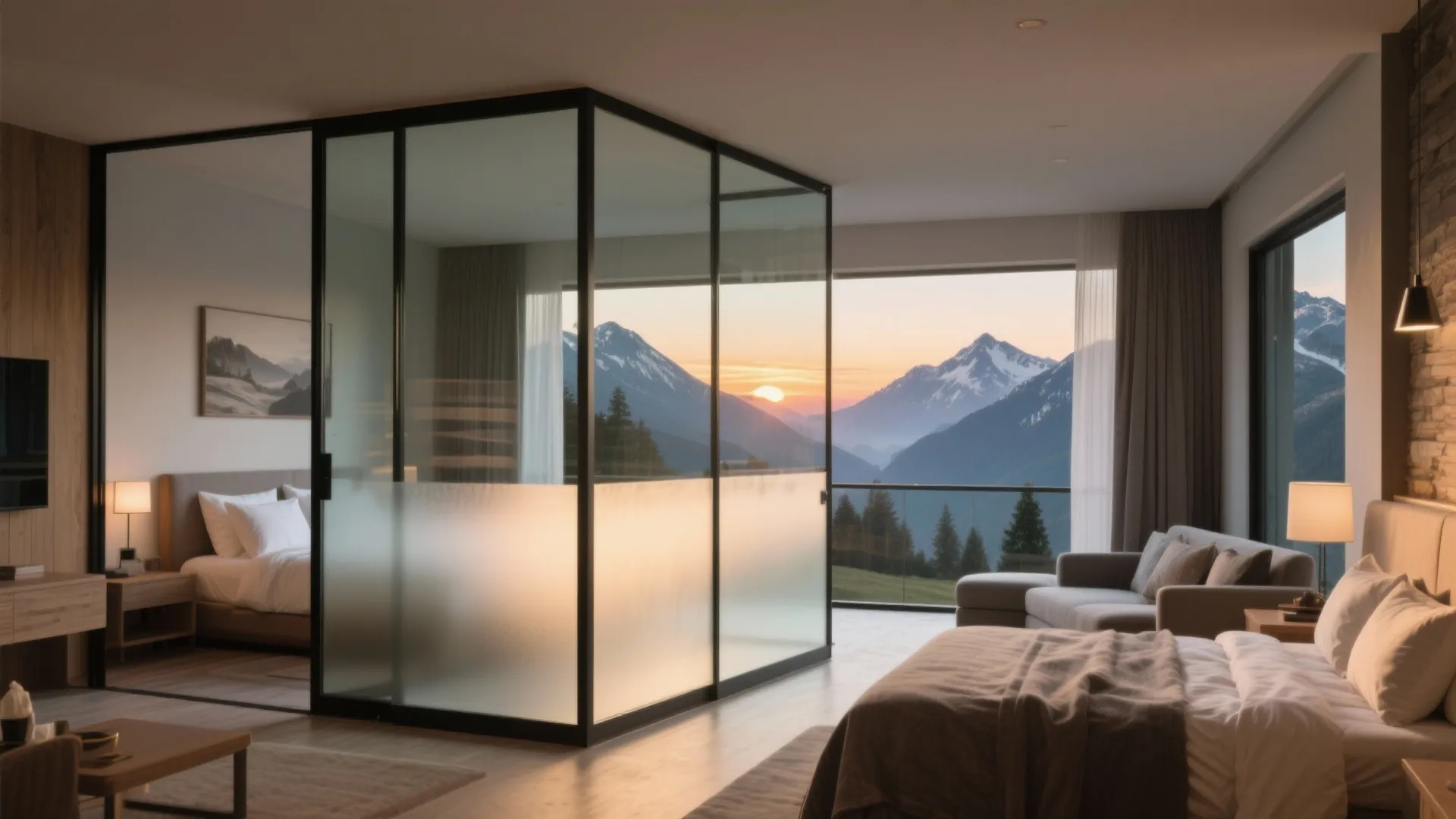 Modern bedroom with glass partition walls showing a beautiful sunset view over snowy mountain peaks