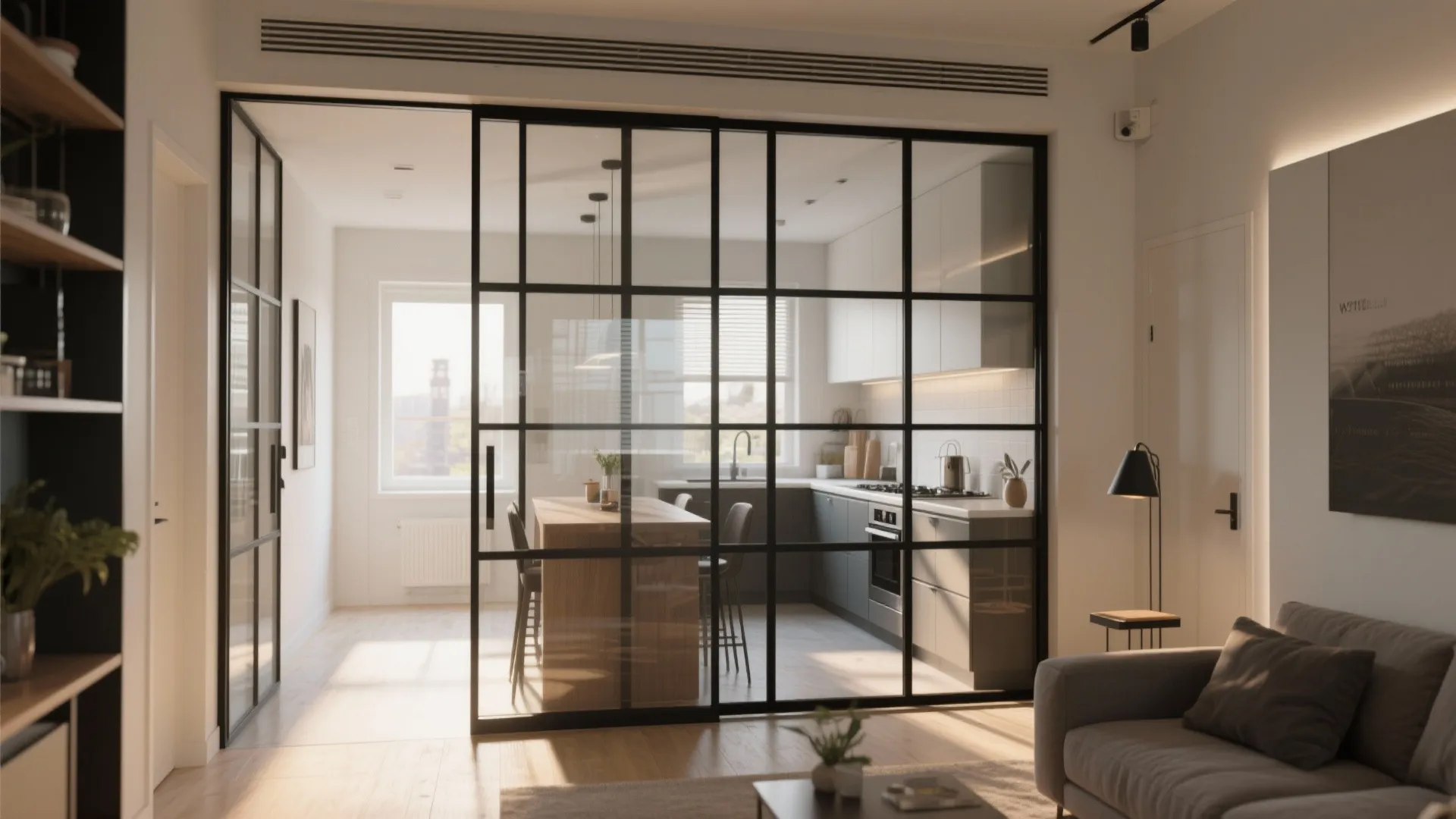 Black frame glass sliding door separating a modern living room from a kitchen and dining area