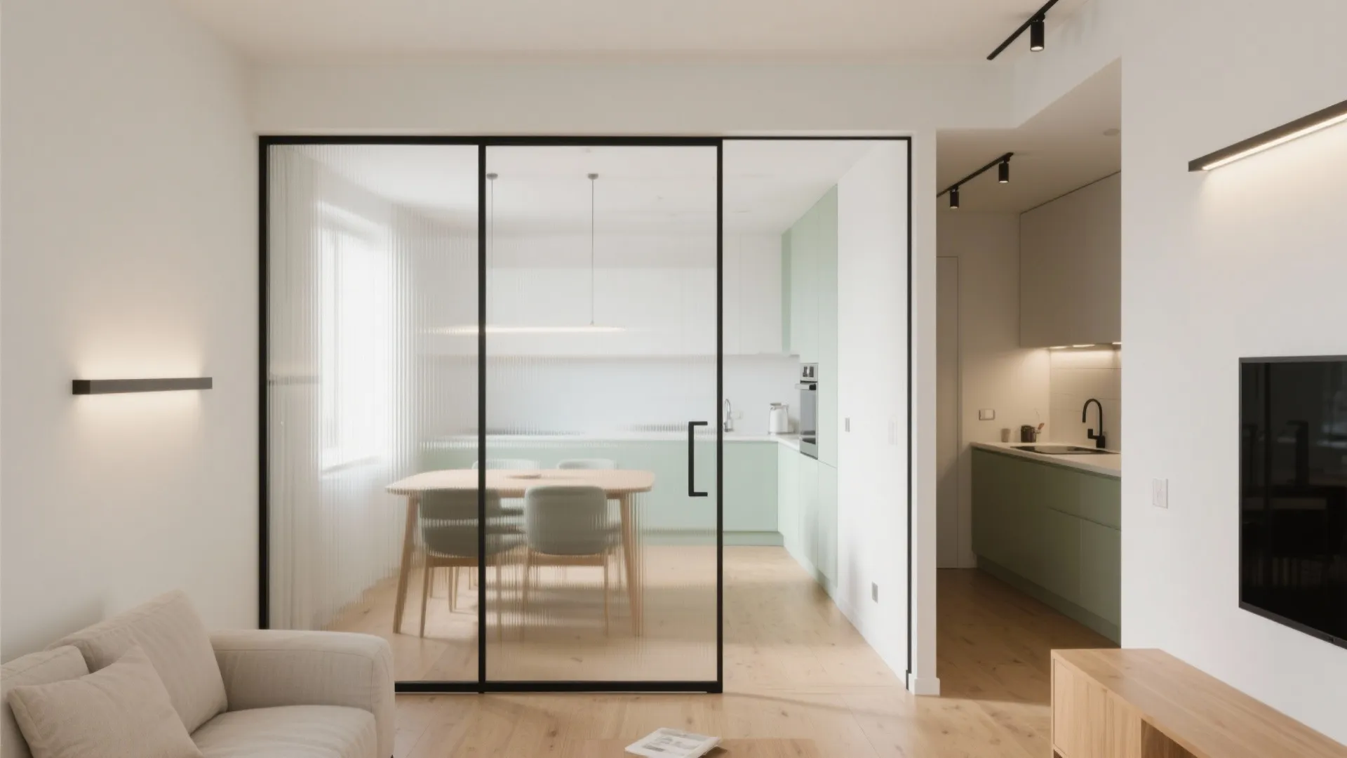 Modern living room featuring a glass wall separating the kitchen and dining area with chairs