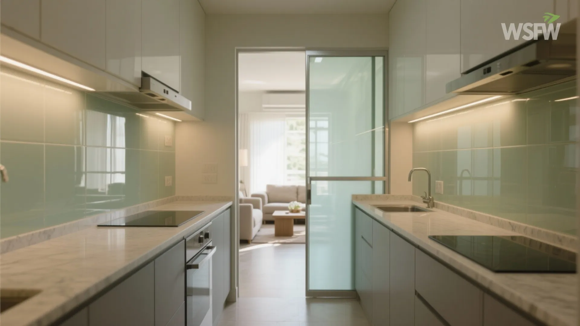 Glass backsplashes and light partitions to borrow brightness