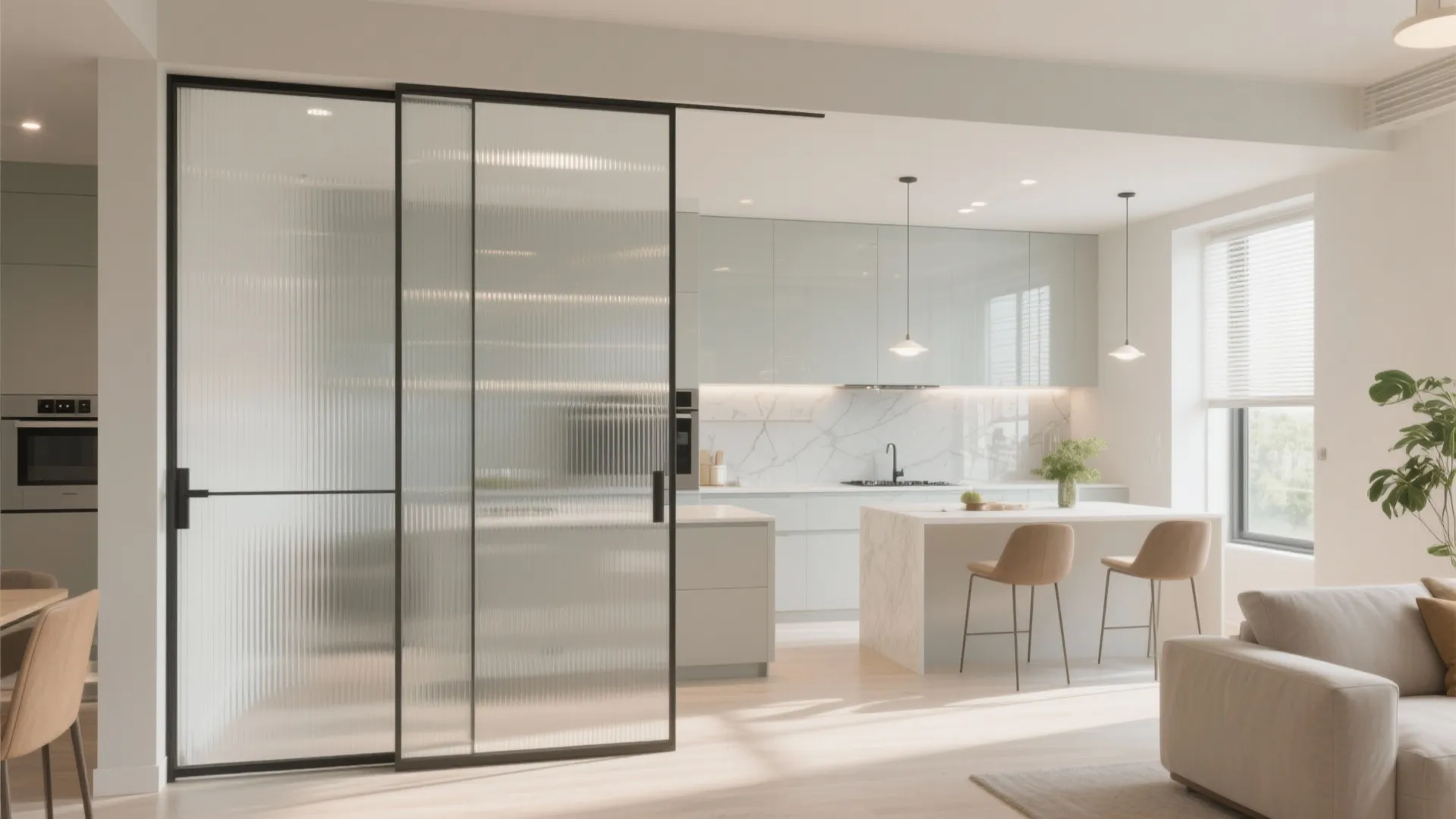 Glass partitions and backsplashes for airy light