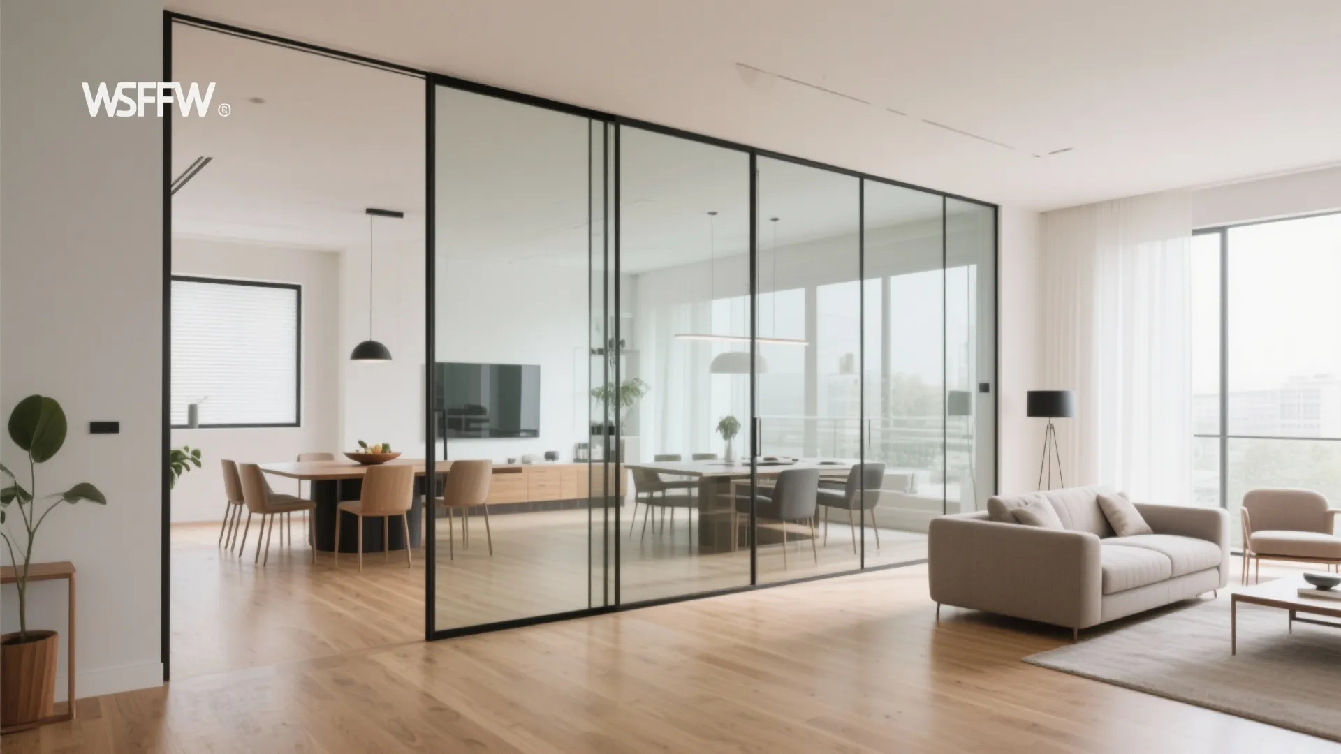 Living and dining areas divided by a glass partition