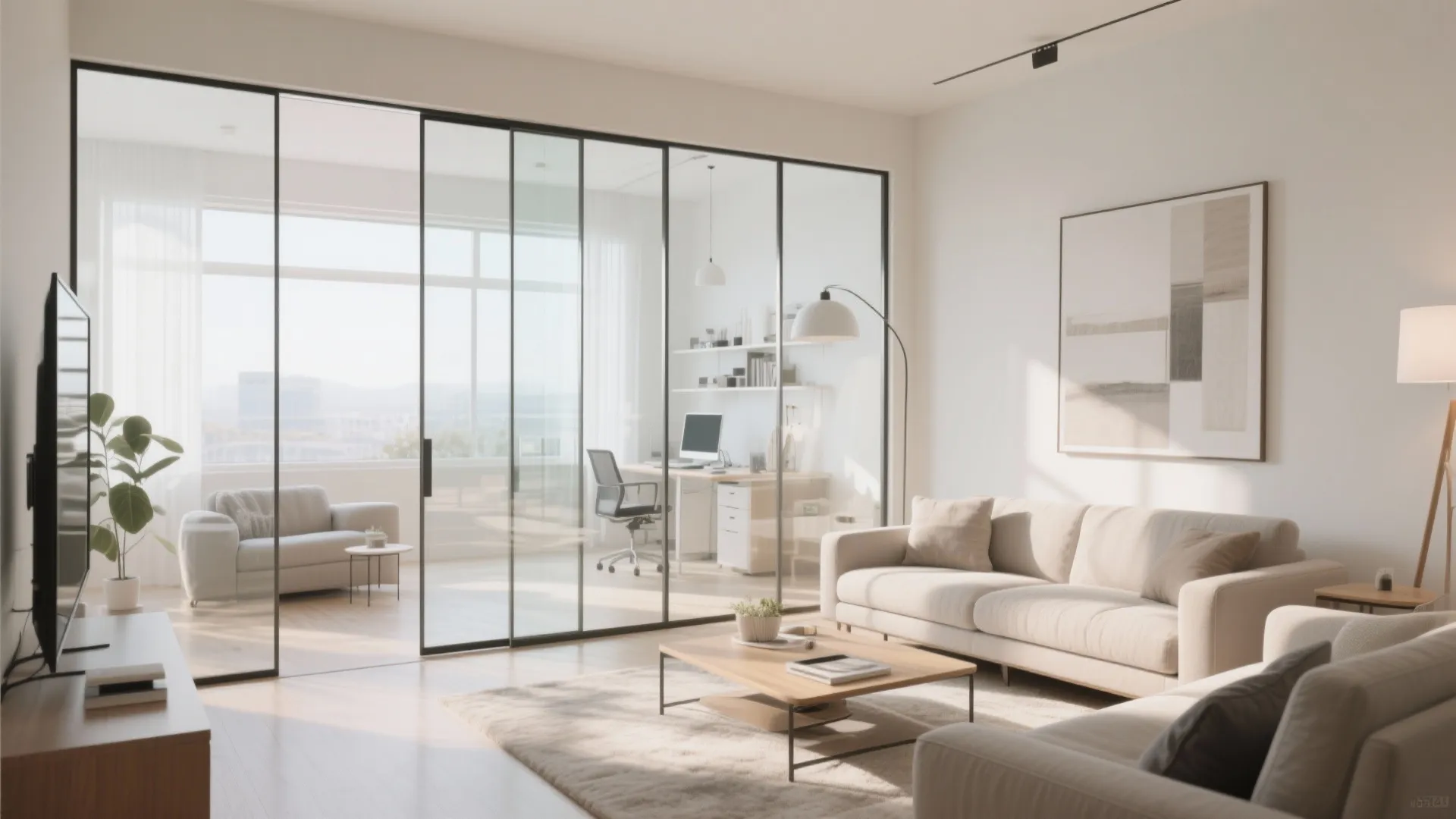 Glass sliding door partition separating living room sofa area from home office desk and computer
