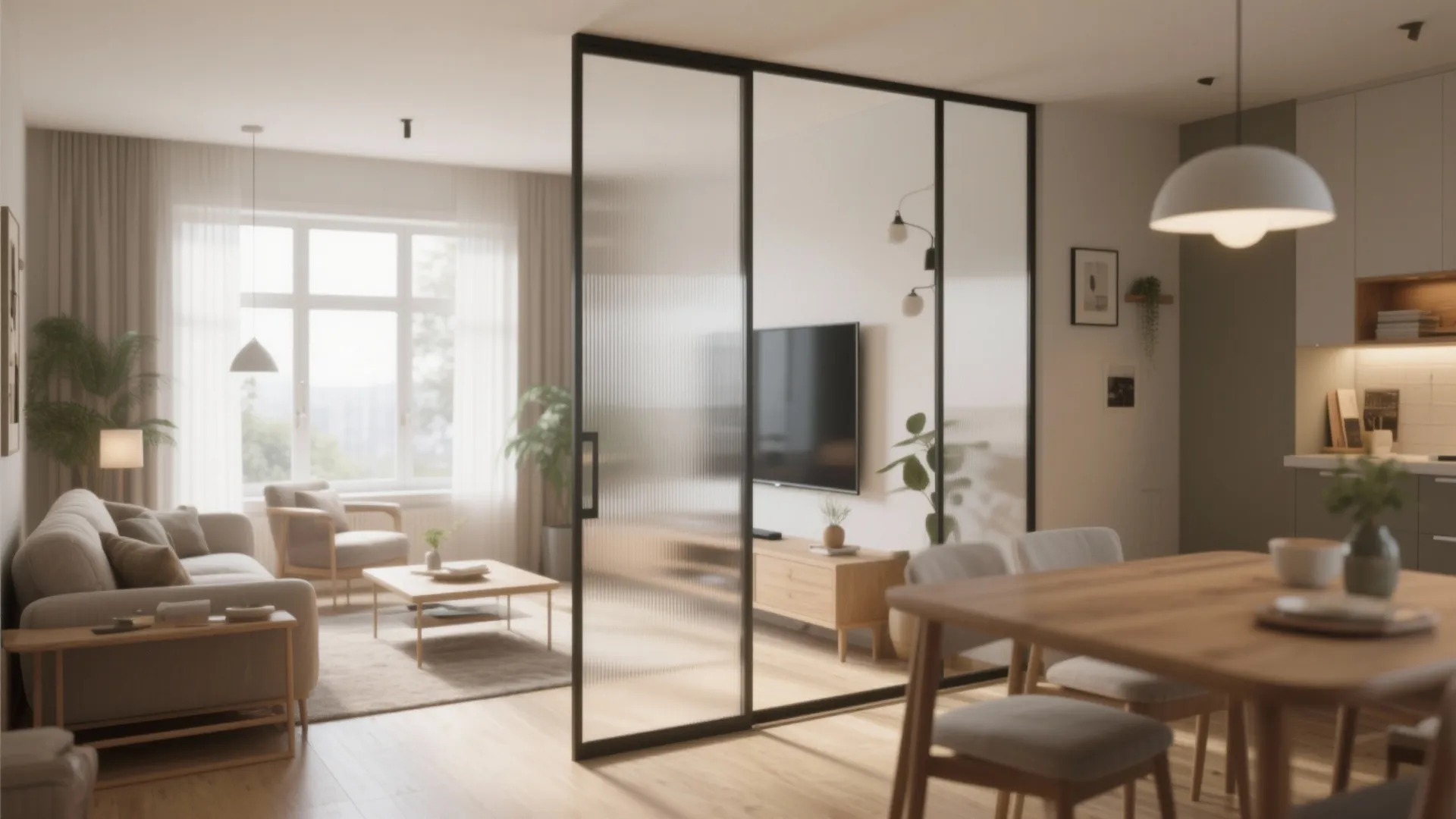 Modern apartment interior with glass wall divider separating the living room and wooden dining table area