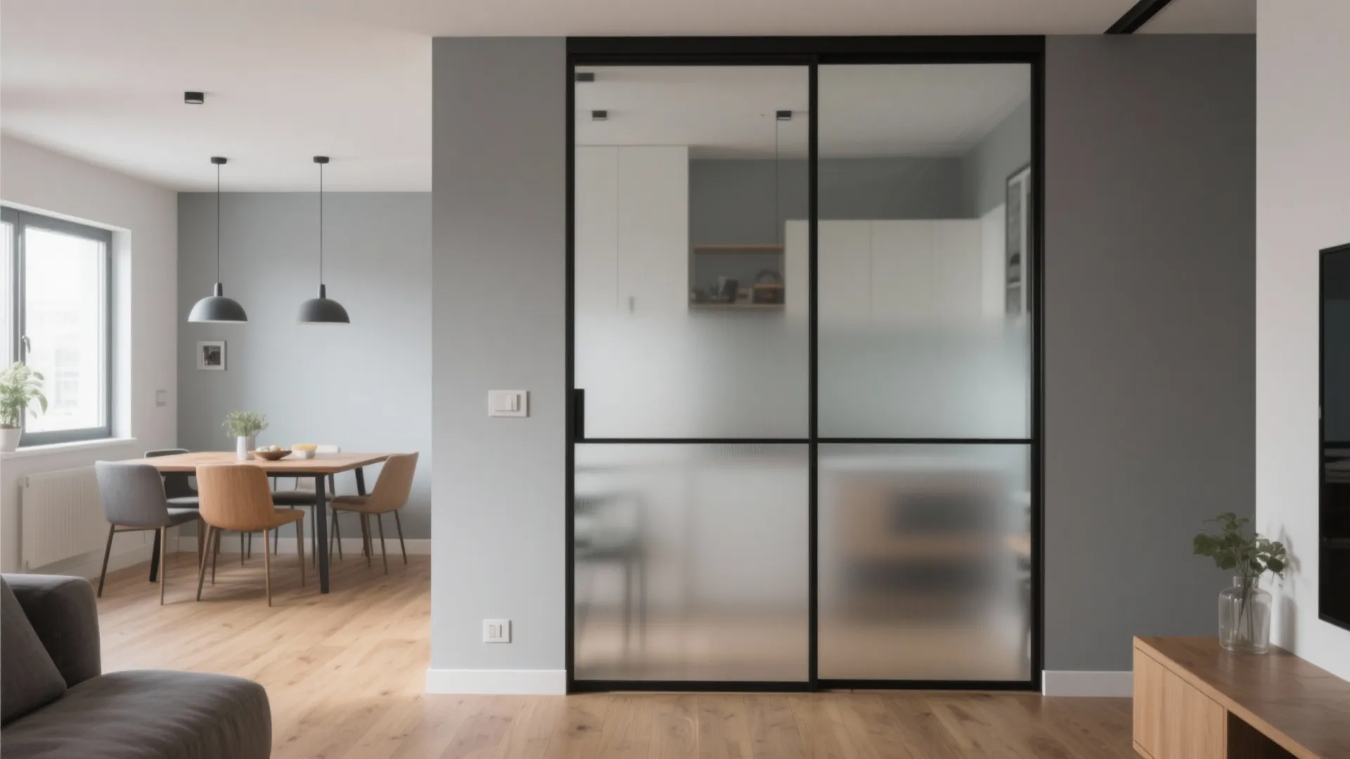 Modern apartment interior with grey walls frosted glass sliding door and dining table with chairs