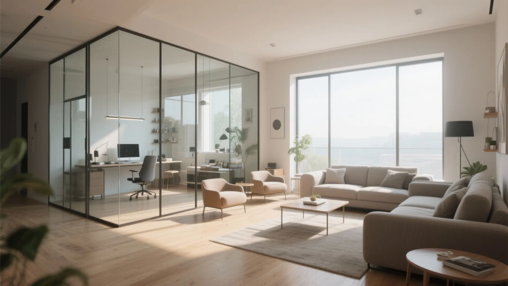 Modern living room with glass walls separating a home office area from the sofa space