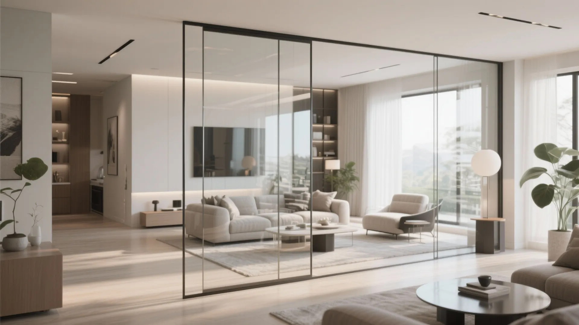 Modern living room with glass wall separating the sofa area from the light wooden floor